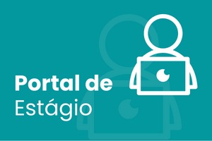 Arte com fundo verde e título: "Portal de Estágio". No canto superior, ilustração de uma pessoa usando um computador.